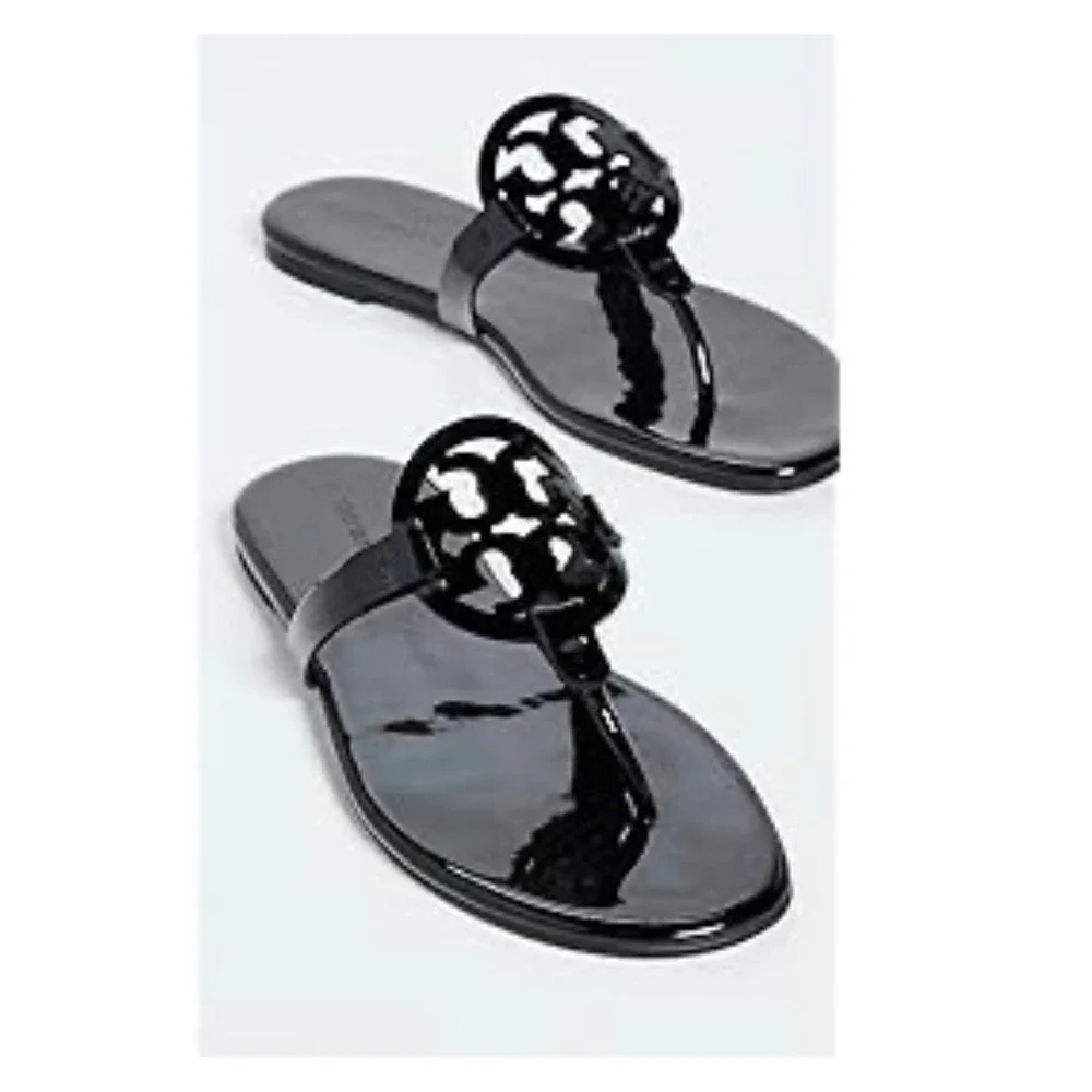 Tory Burch Miller Cloud Black Patent Leather Logo Thong Sandals 10.5